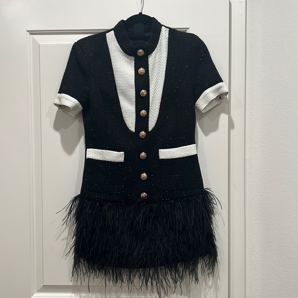 Tweeted, feathered, cocktail dress
